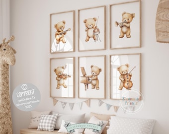Teddy Bear Music Nursery Prints, Music Nursery Decor, Animals Playing Instruments, Bear Nursery Wall Art,Music Classroom Decor Digital Print
