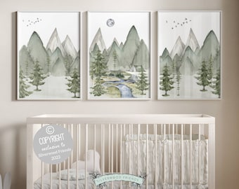Set of 3 Mountain Print Set, Mountain Nursery Print, Sage Green Nursery Wall Art, Woodland Forest Nursery Theme, Woodsy Nature Nursery Decor