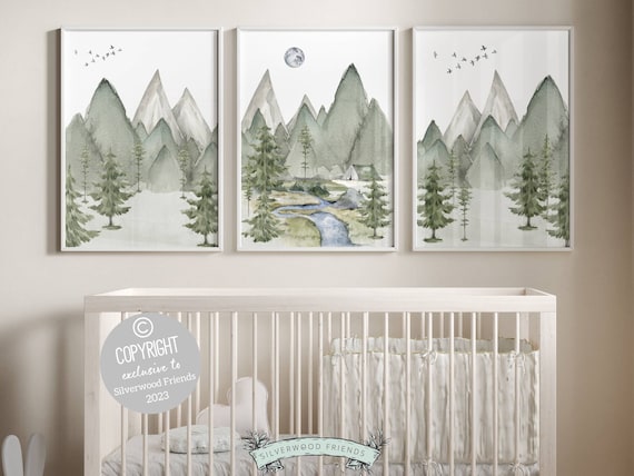 Set of 3 Mountain Print Set, Mountain Nursery Print, Sage Green Nursery Wall Art, Woodland Forest Nursery Theme, Woodsy Nature Nursery Decor