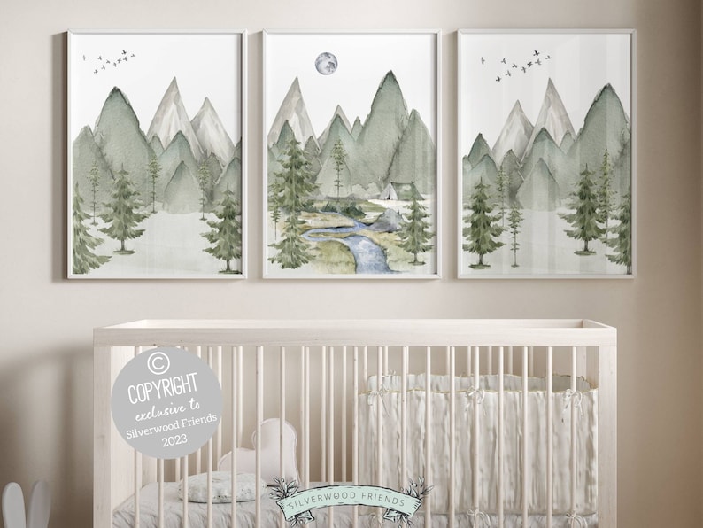 Transform your space into a serene mountain retreat with this enchanting set of 3 watercolor mountain and forest landscape prints, ideal for adding a touch of natural beauty to your mountain nursery or living room or bedroom décor.