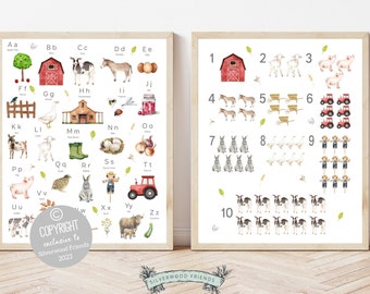 Farm Alphabet and Numbers Print, Farm Animals Nursery Wall Art, Farm Animal Poster, Educational Prints, ABC Alphabet Poster, abc Printable