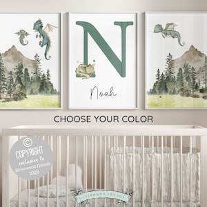 Impresión original de bebé dragón para guardería, regalo para bebé niño, decoración de guardería de dragón, arte de pared personalizado con nombre de bebé de bosque, impresión digital de descarga