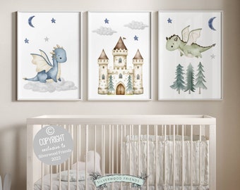 Baby Dragon Nursery Prints, Dragon Nursery Decor, Boys Fairytale Nursery Decor, Girls Dragon Nursery Wall Art, Fantasy Nursery Digital Print