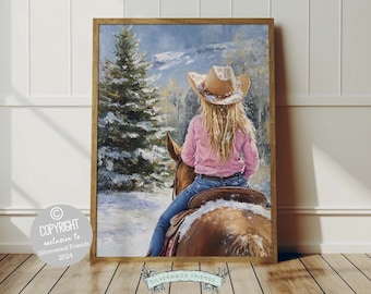 May include: A painting of a young person wearing a brown cowboy hat and a pink shirt riding a brown horse through a snowy forest. The horse is facing away from the viewer and the person is looking off to the side.