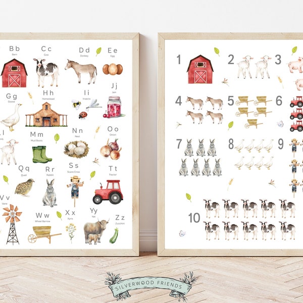 Farm Alphabet and Numbers Print, Farm Animals Nursery Wall Art, Farm Animal Poster, Educational Prints, ABC Alphabet Poster, abc Printable