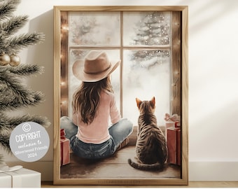 May include: A painting of a girl wearing a brown cowboy hat and a pink shirt sitting by a window with a cat. The girl and cat are looking out the window at a snowy scene. The window is decorated with Christmas lights.