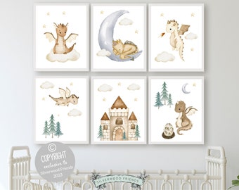 ORIGINAL Baby Dragon Nursery Print Kids Room Beige Dragon Nursery Decor, Fairytale Fantasy Neutral Nursery Wall Art Digital Download Prints