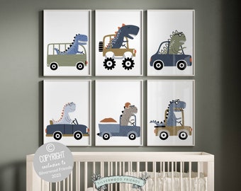 Dinosaur Nursery Prints, Transport Nursery, Dinosaur Playroom Print Set, Toddler Boys Room Decor, Animals on Wheels, Baby Boys Nursery Print