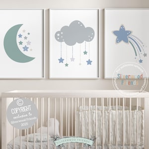 Cloud Moon Stars Nursery Prints, Boys Outer Space Nursery Decor, Boho Kids Night Sky Room Decor, Celestial Nursery Wall Art Digital Print