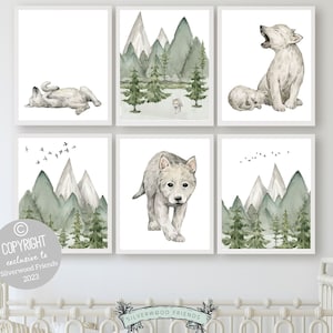 Set of 6 Baby Wolf Nursery Prints, Wolf Nursery Decor, Wolf Print Nursery, Mountain Nursery Print, Green Nursery Decor, Woodsy Nursery Decor