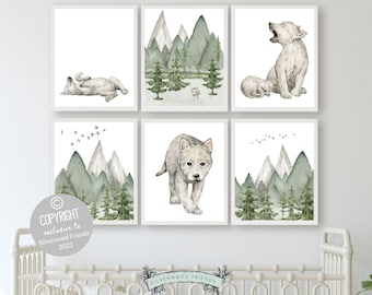 Set of 6 Baby Wolf Nursery Prints, Wolf Nursery Decor, Wolf Print Nursery, Mountain Nursery Print, Green Nursery Decor, Woodsy Nursery Decor