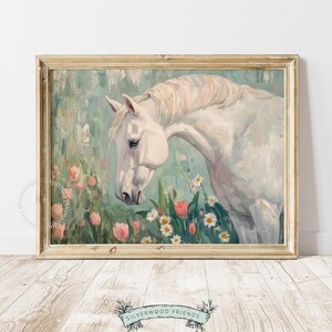 White Horse Wildflower Field Oil Painting Print, Farmhouse Horse Nursery Decor (Digital Download) 57