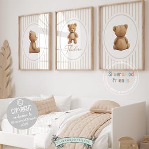 Teddy Bear Nursery Prints, Baby Boy Beige Brown Woodland Teddy Bear Nursery Decor, Baby Teddy Bear Neutral Nursery Wall Art Digital Print