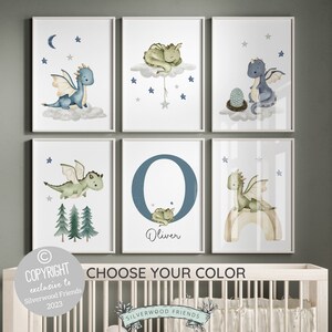 Impresiones para guardería de bebés con diseño de dragón, decoración para guardería de bebés con diseño de dragón, impresión de arte de pared para guardería con nombre de bebé con diseño de dragón personalizado, impresión digital personalizada de cuento de hadas