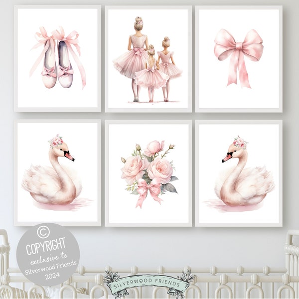 Baby Girl's Ballet Nursery Prints, Ballerina Nursery Decor, Pink Ballet Nursery Wall Art, Wildflower Ballet Swan Nursery Decor Digital Print