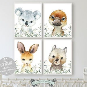 Láminas de animales australianos para guardería, decoración de guardería, arte mural aborigen para guardería, imprimible de canguro-koala, impresiones digitales de animales nativos australianos