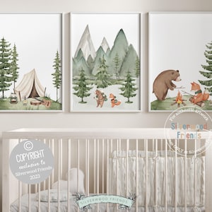 Camping Nursery Prints, Bear Nursery Decor, Bear Nursery Prints, Green Mountain Nursery Decor, Woodsy Nursery Decor, Forest Nursery Prints