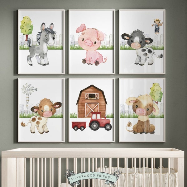 Baby Farm Nursery Prints, Cute Farm Animal Posters, Tractor Nursery, Farmyard Nursery, Barn Baby Shower Gift, Barnyard Animals Digital Print