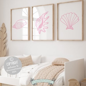 Impresiones de conchas rosas, arte mural costero playero, impresión oceánica para habitación de bebé niña, decoración digital para habitación de niña en casa de playa.