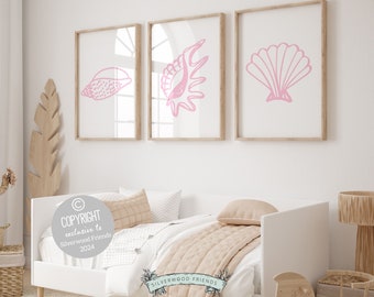 Pink Seashell Prints, Coastal Beachy Wall Art, Ocean Nursery Print, Baby Girl Nursery Wall Art, Beach House Girls Room Decor Digital Prints