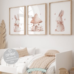 Bunny Nursery Prints, Floral Bunny Fairytale Nursery Wall Art, Wildflower Fantasy Nursery Decor, Baby Girl Blush Pink Nursery Digital Prints