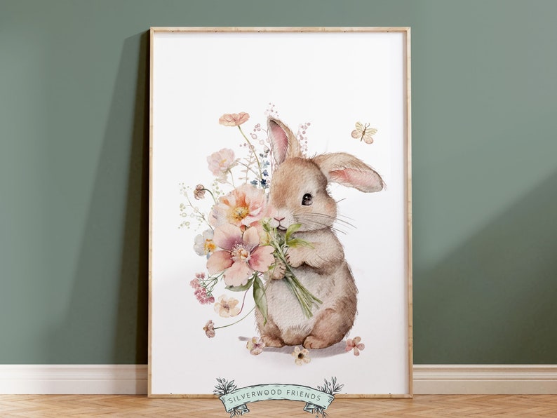 Bunny Nursery Prints, Floral Bunny Nursery Wall Art, Wildflower Nursery Decor, Girl Nursery Prints, Bunny Wildflower Nursery Digital Print immagine 7