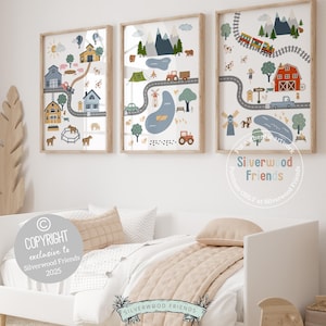 Farm Nursery Prints, Car Nursery Prints, Baby Boy Farm Animal Nursery Decor, Boys Transport Nursery Wall Art, Farm Road Map Digital Prints
