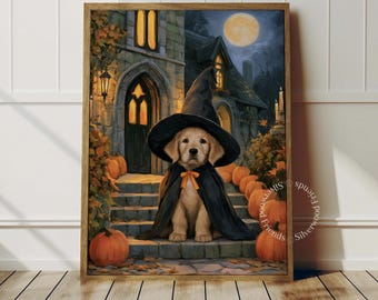 May include: A framed wall art print featuring a golden retriever puppy wearing a black witch hat and cape, sitting on stone steps in front of a house at night. The scene includes a full moon, glowing windows, and several orange pumpkins.