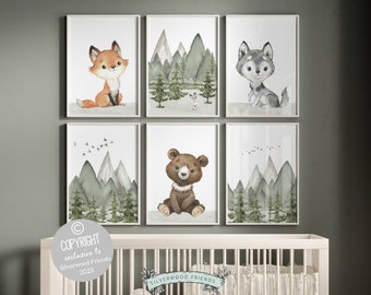 Woodland Animal Nursery Print, Baby Forest Animal Nursery Decor, Forest Nursery Wall Art, Woodland Baby Room, Mountain Nursery Digital Print