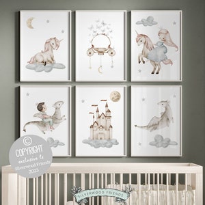 Fairytale Nursery Prints, Baby Girl Nursery Print, Princess Theme Nursery Decor, Pastel Moon Star Nursery, Pink Unicorn Dragon Digital Print