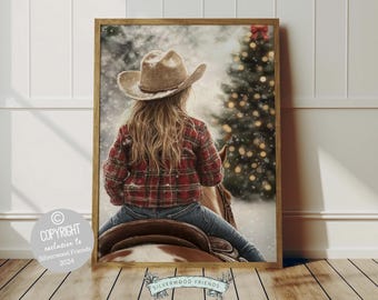 May include: A young girl wearing a red and black plaid shirt and a brown cowboy hat rides a brown and white horse in front of a snowy Christmas tree.
