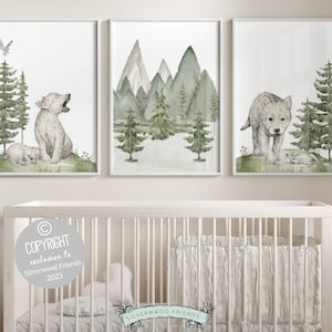 Baby Wolf Nursery Prints,Wolf Nursery Decor,Wolf Cub Print,Mountain Nursery Print,Green Woodsy Forest Nursery Decor,Wolf Baby Shower Gift