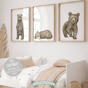 Set of 3 Baby Bear Animal Prints, Woodland Bear Nursery Prints, Woodland Bear Nursery Decor, Baby Animal Prints for Nursery, Bear Wall Art