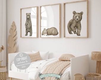 Conjunto de 3 estampas de animais de urso bebê, estampas de urso da floresta para berçário, decoração de urso da floresta para berçário, estampas de animais de bebê para berçário, arte de parede de urso