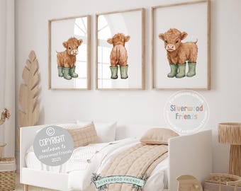 Highland Cow Nursery Print, Sage Green Highland Cow Nursery Decor, Watercolor Highland Cow Gift, Kids Farm Bedroom Wall Decor Digital Print