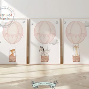 Baby Girl Pink Hot Air Balloon Nursery Prints, Baby Girl Balloon Nursery Wall Art, Girl Boho Safari Watercolor Animal Nursery Digital Print