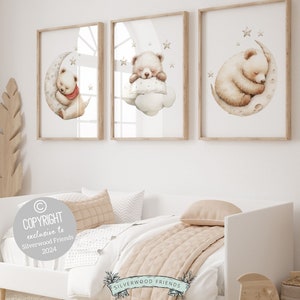 ORIGINAL Teddy Bär Kinderzimmer Druck, Teddy Bär Kinderzimmer Dekor, Gender Neutral Weiß Eisbär Kinderzimmer Wandkunst, schlafendes Tier Digitaldruck
