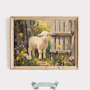 Baby Lamb Wildflower Oil Painting Print, Farmhouse Farm Animal Nursery Decor (Digital Download) 56