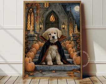 Puede incluir: Un cachorro de golden retriever con una capa de vampiro negra y roja sentado en escalones de piedra frente a un edificio gótico. La escena está decorada con numerosas calabazas naranjas, linternas brillantes y hojas de otoño bajo la luna.