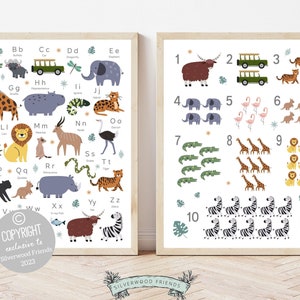 Safari Alphabet and Numbers Print, Safari Nursery Decor, Number Poster, Jungle Nursery Printable abc Chart, Safari Playroom, Kids Room Decor