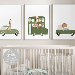 Safari Animal Car Nursery Prints, Jungle Animal Car Nursery Decor, Boys Toddler Room Green Safari Nursery Decor, Boys Car Art Digital Print