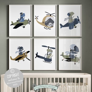 Set of 6 Baby Boys Dinosaur Theme Nursery Prints, Transport Theme Nursery, Dinosaur Playroom Print Set, Boy Airplane Nursery Digital Prints