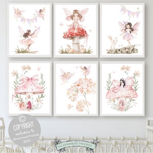 Our gorgeous Wildflower Fairy Nursery Prints Set of 6 with watercolor fairies and wildflower meadow flowers is perfect for your wildflower nursery decor or fantasy nursery decor and also makes a lovely baby girl baby shower gift.
