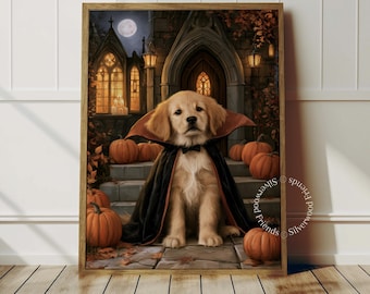 Könnte beinhalten: Ein gerahmter Kunstdruck, der einen Golden Retriever Welpen in einem schwarz-roten Vampirumhang zeigt. Der Welpe sitzt auf Steinstufen vor einem gotischen Gebäude mit beleuchteten Fenstern, einem Vollmond und mehreren orangefarbenen Kürbissen.