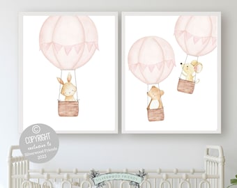 Blush Pink Watercolor Hot Air Balloon Nursery Prints, Baby Girl Nursery Wall Art, Woodland Nursery Decor, Woodland Animals, Adventure Theme
