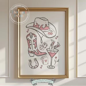 Pink Cowgirl Hat Print, Cowgirl Boots Print, Martini Print, Coquette Room Decor, Western Horse Shoe Wall Art, Dopamine Decor Digital Print
