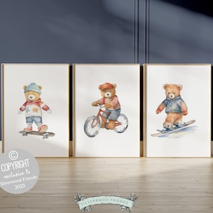Teddybeer kwekerij prints, jongens sport kinderkamer kunst aan de muur, baby boy kwekerij print, beren kwekerij decor, schattige dieren rijden, digitale prints kinderen