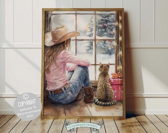 May include: A watercolor painting of a girl wearing a cowboy hat and jeans sitting by a window with a cat. The girl is looking out the window and the cat is sitting next to her. The window is decorated with a Christmas tree and lights. The painting is titled "Silverwood Friends 2024".