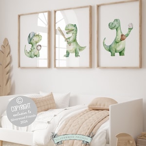 Baseball Nursery Prints, Baby Boy Dinosaur Baseball Nursery Decor, Sport Theme Wall Art, Dino Toddler Room, Boys Room Baseball Digital Print