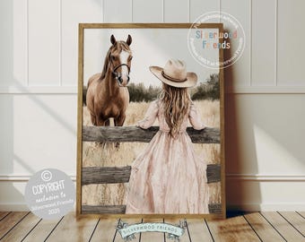 May include: A watercolor painting of a young woman in a pink dress and a cowboy hat standing by a wooden fence with a brown horse. The woman is looking at the horse, and the horse is looking at the woman. The background is a field of grass.